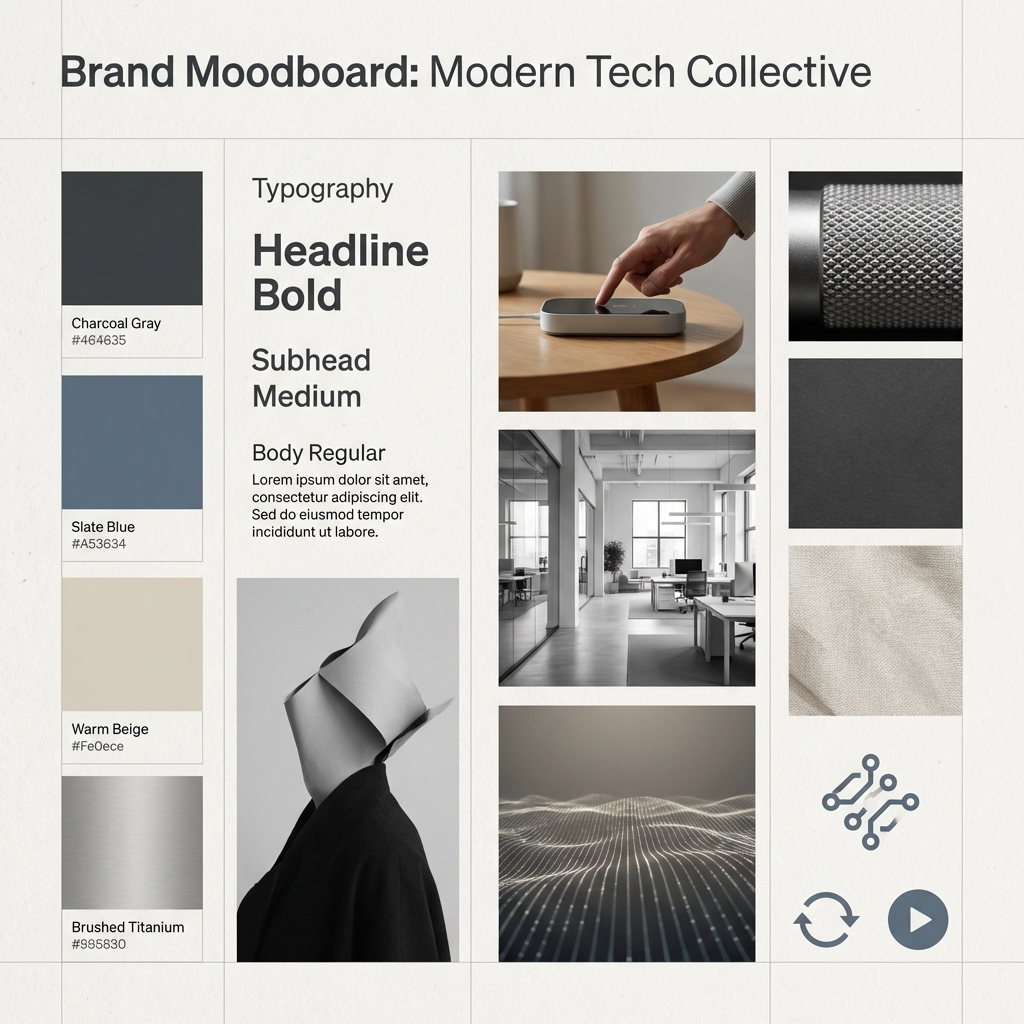 A brand moodboard of grid, materials and palette; Lorem ipsum remains placeholder copy.