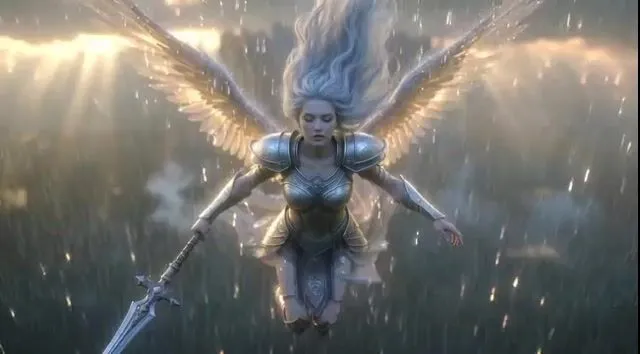Video generation prompt: Celestial Valkyrie descending to Earth in the rain