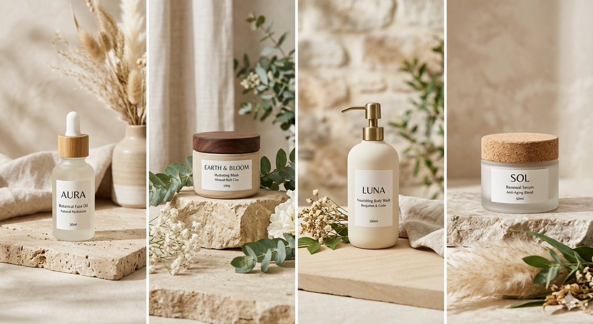 Four different packages share stone, soft light and a beige art direction; this is not a same-SKU fidelity test.