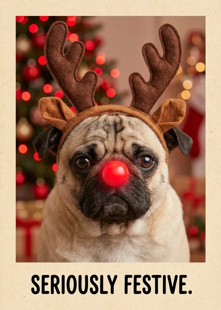 Pug with Reindeer Antlers and Clown Nose