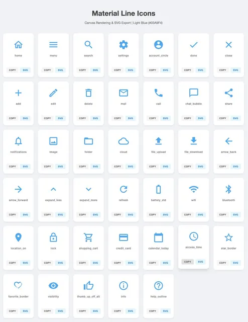 Generate 40 simple SVG icons with download buttons